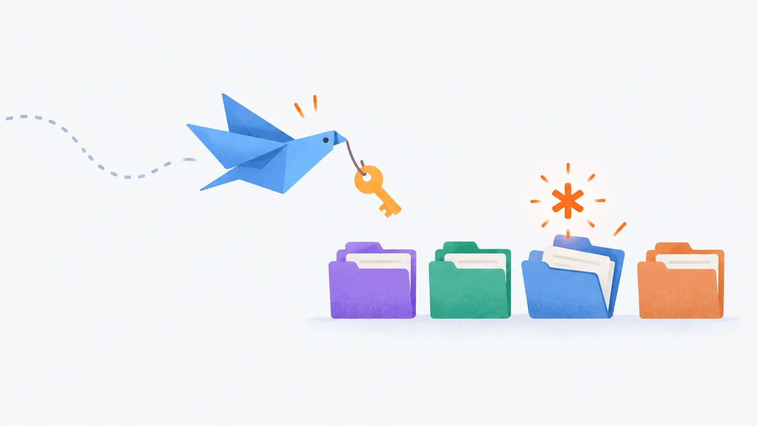 A paper-plane bird carrying a key to a row of folders; one folder is open and the orange spark glows out of it