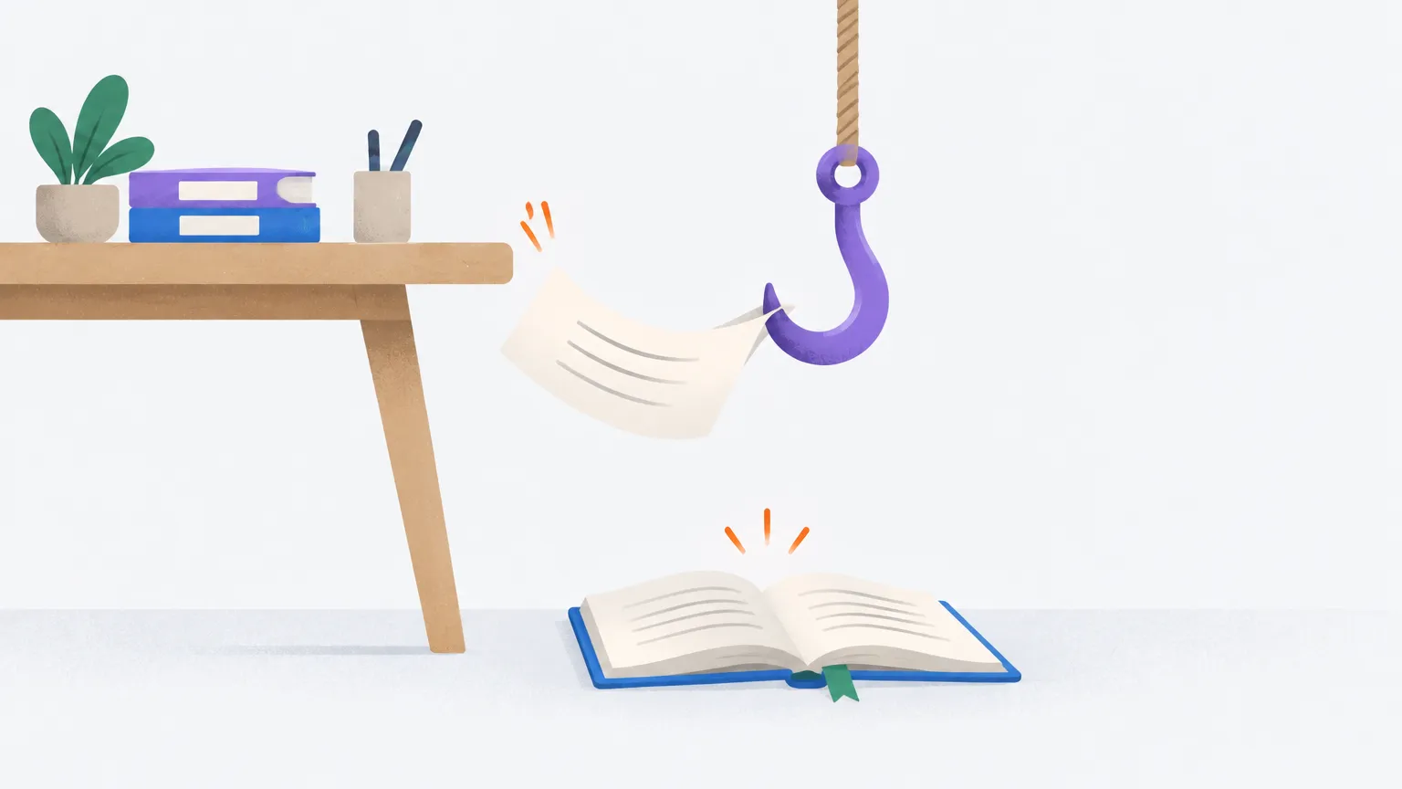 A violet hook catches a note falling off a desk just above an open journal