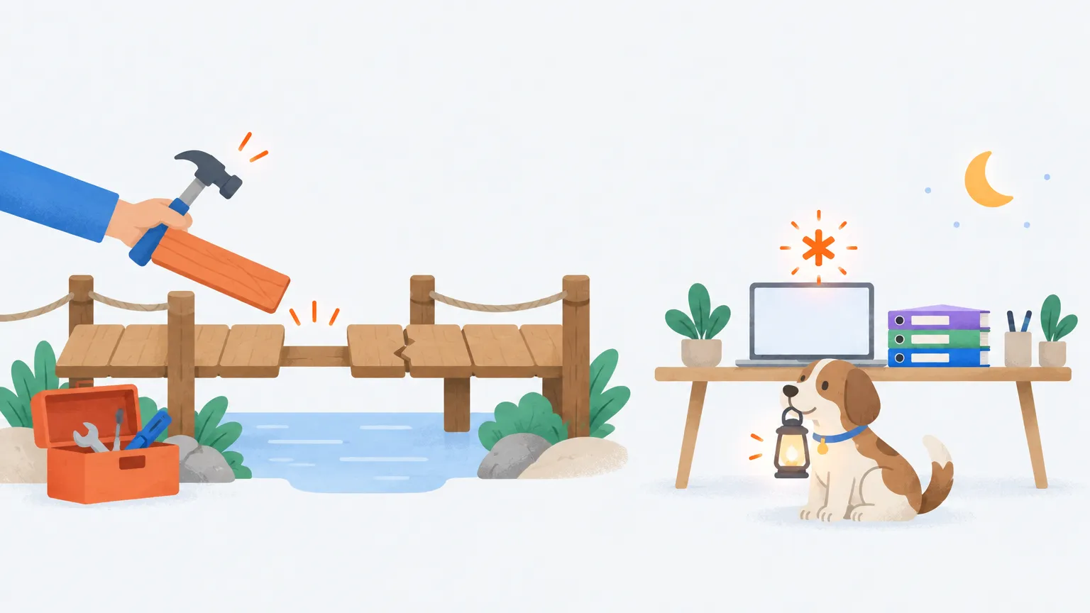 A hand hammering a new plank into a broken bridge next to a toolbox, while a small dog with a lantern guards the laptop at night