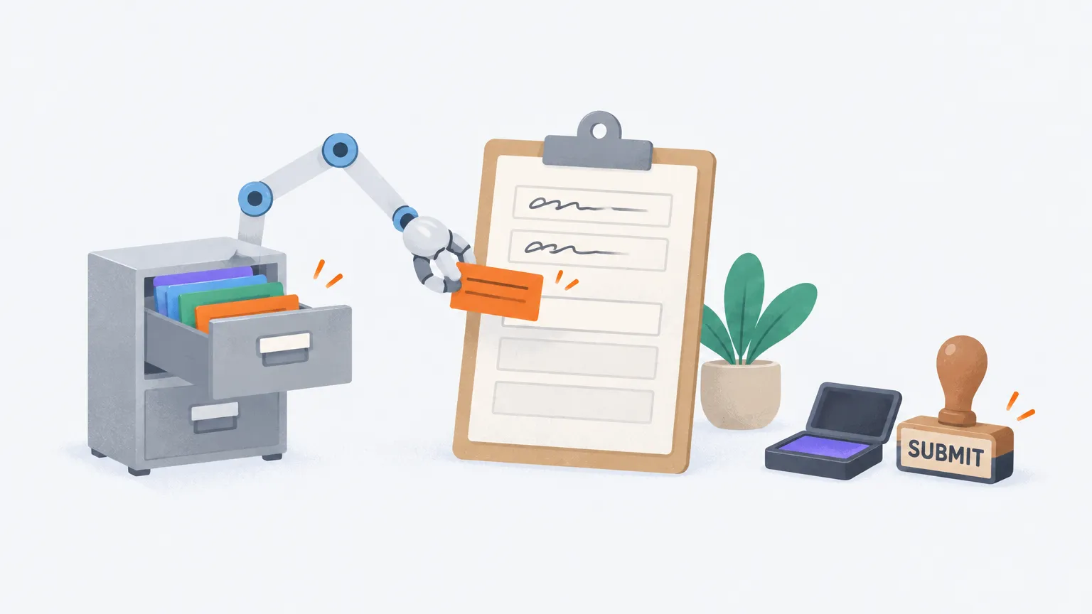 A robotic arm pulls an index card from a filing cabinet to fill the next field of a form on a clipboard, while a SUBMIT stamp sits untouched beside its ink pad