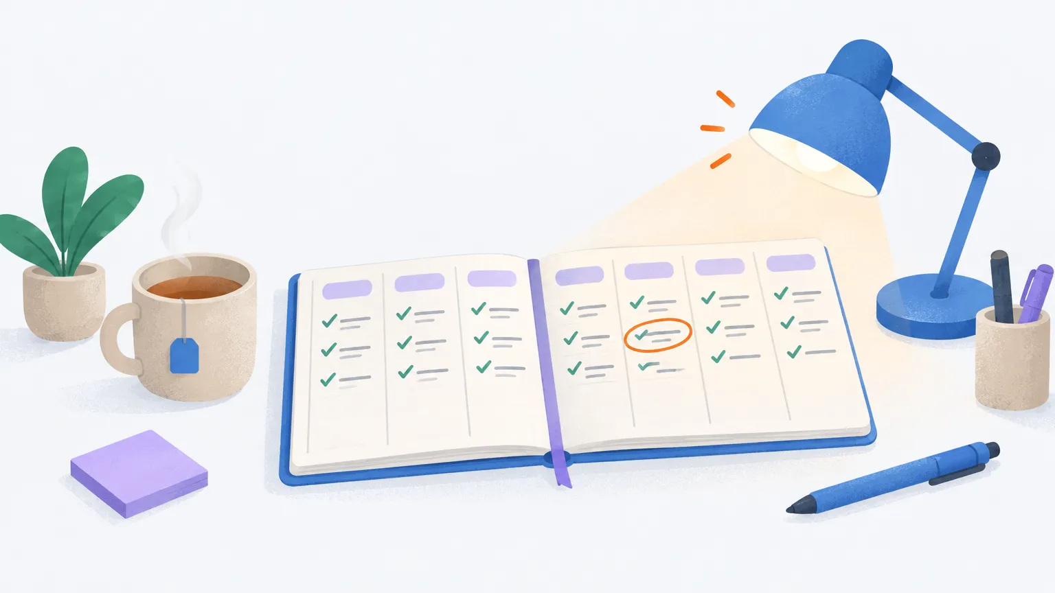 An open weekly planner under a desk lampβs warm evening light, almost every entry ticked and one circled in orange as stuck